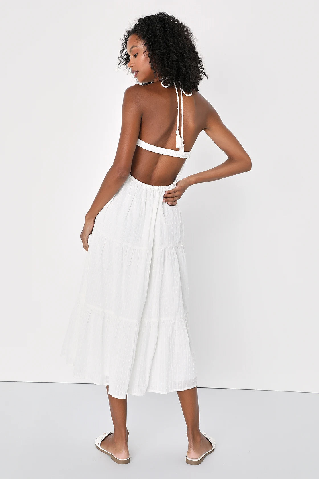 Women White Swiss Dot Dress  Lurex Halter Midi Dress