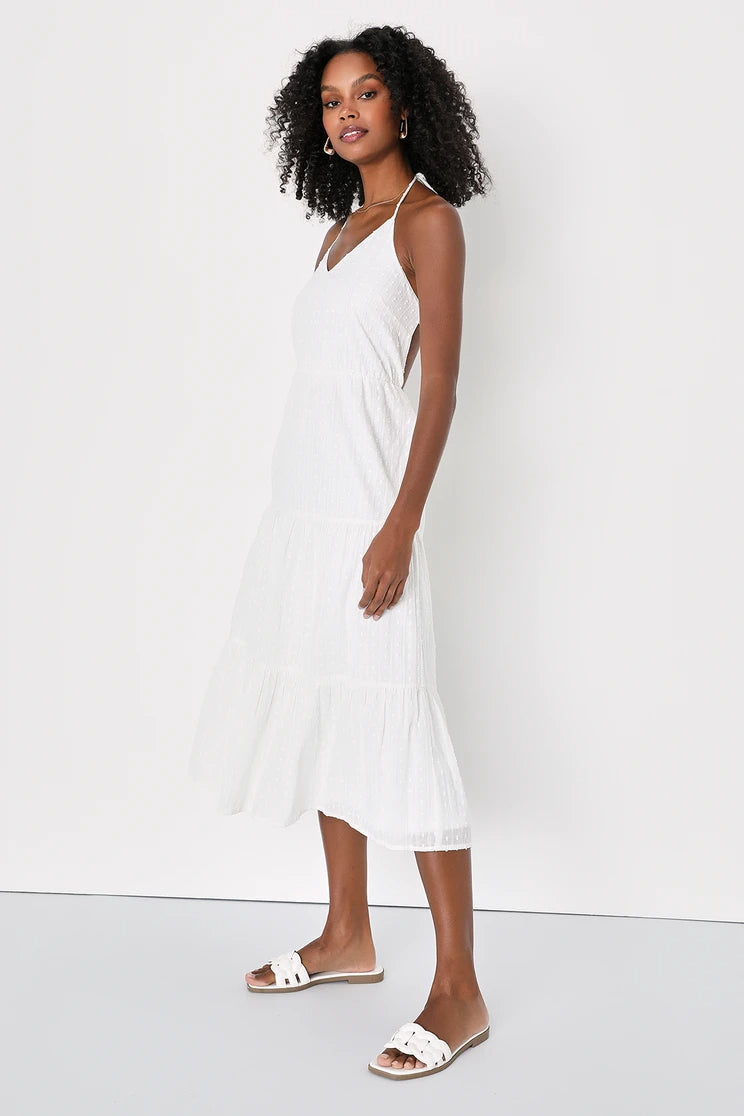 Women White Swiss Dot Dress  Lurex Halter Midi Dress