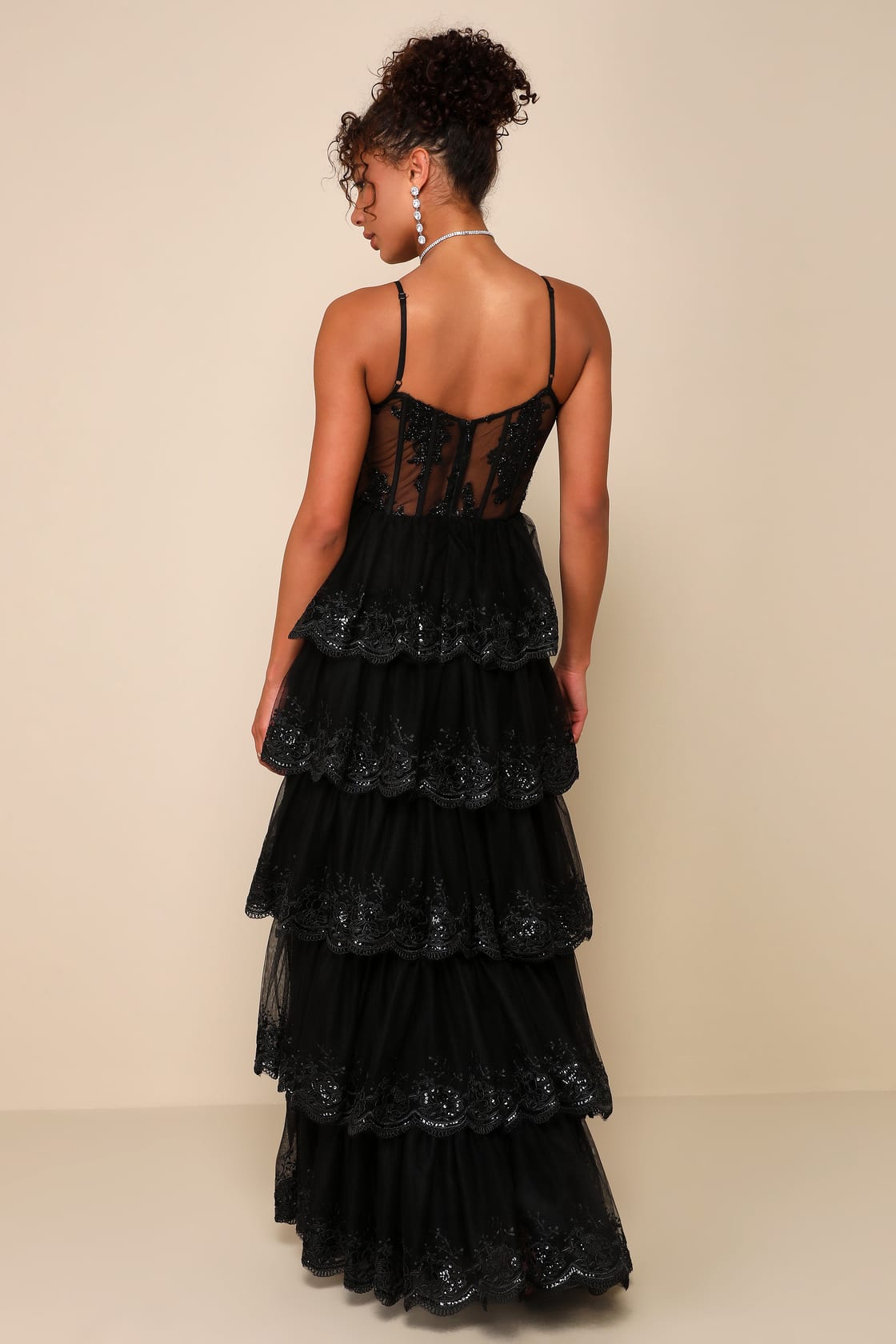 Women Sexy Black Tulle Dress Embroidered Tiered Bustier Maxi Dress